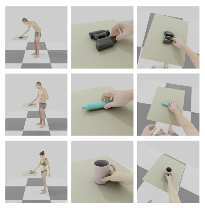 Whole-body grasping results shown from external, hand-level, and first-person views